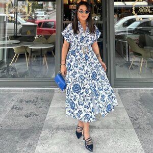 Zara WOMENS PRINTED MIDI DRESS OPENWORK EMBROIDERY blue white 2901/722 NWT